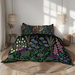 Botanical Black Green Purple Blue Floral Duvet Cover Set – Vibrant Nature Bedding with Wildflower Print, Pillowcases Included