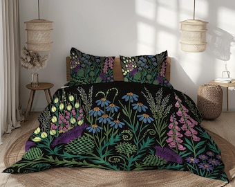 Botanical Black Green Purple Blue Floral Duvet Cover Set – Vibrant Nature Bedding with Wildflower Print, Pillowcases Included