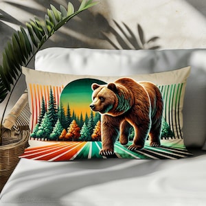 Bear Lumbar Pillow Cover - Forest Wildlife Cotton Linen Cushion Case - Double-Sided Print Decorative Rectangular Throw Pillow Cover