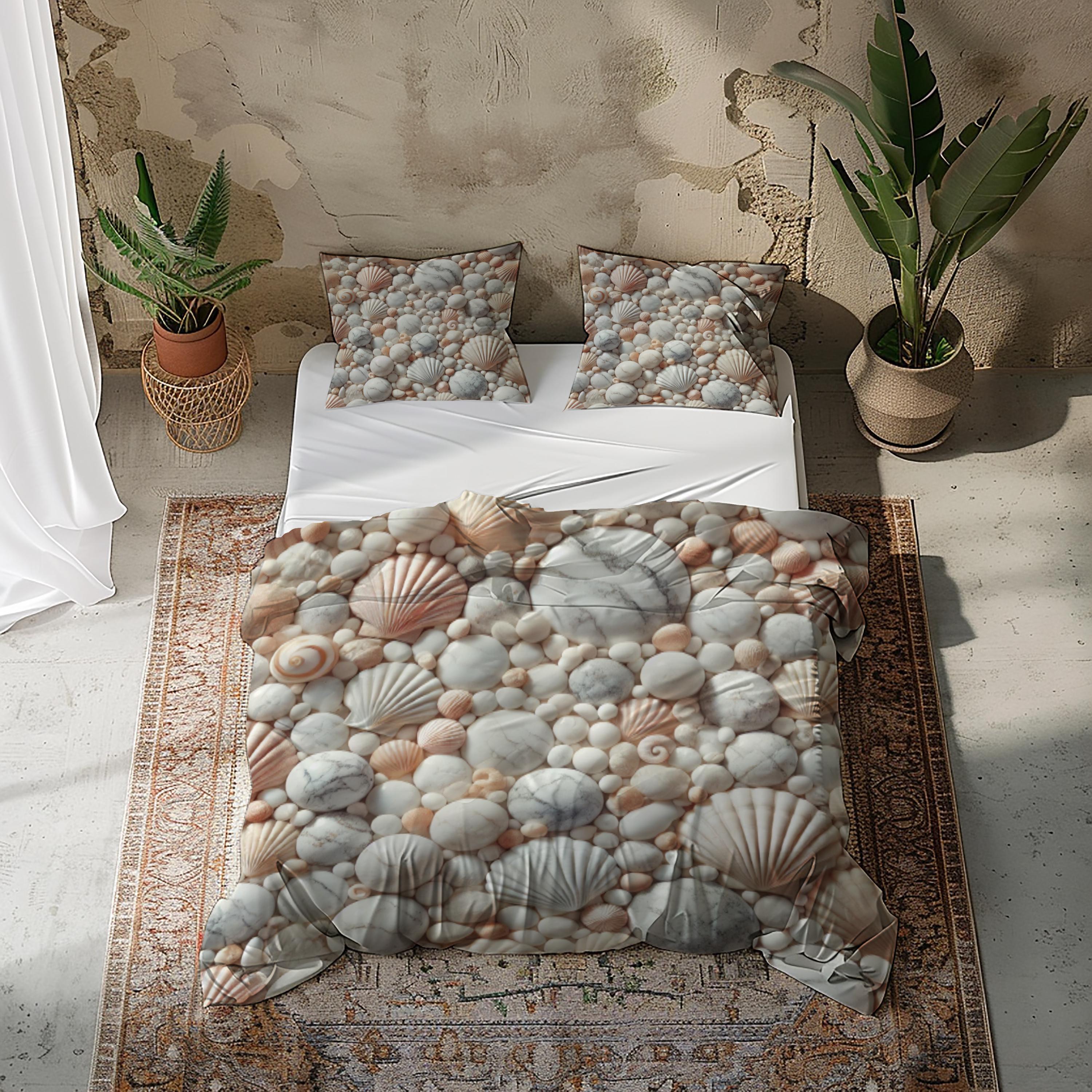 Sae Shell Bed Seashell Bedding Set With Duvet Cover & Pillowcases, Beige Coral Grey ...