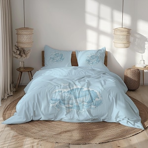Light Blue Whale Bedding Set with Ocean Wave Design – Soft Sky Blue, White Foam, Pale Aqua, Cool Grey Duvet Cover and Pillowcases