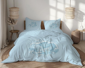 Set di biancheria da letto con balena azzurra e motivo a onde oceaniche: copripiumino e federe in azzurro cielo, schiuma bianca, acquamarina pallida e grigio freddo
