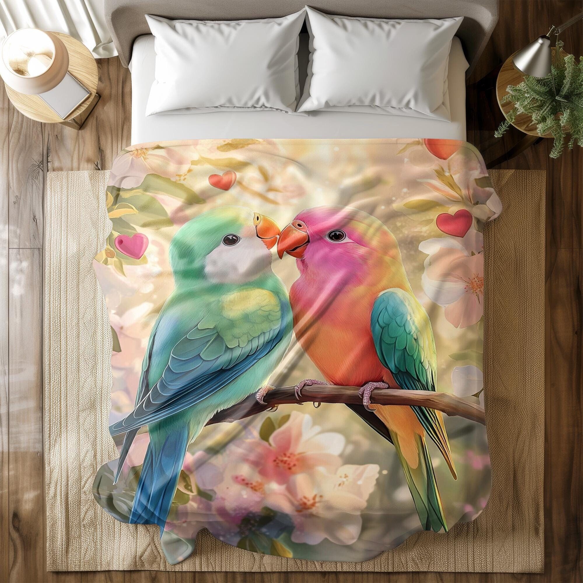 Lovebirds Flannel Fleece Blanket - Romantic Floral Design - Soft Cozy Throw for Bed or Couch - Multiple Sizes - Pink Green Yellow