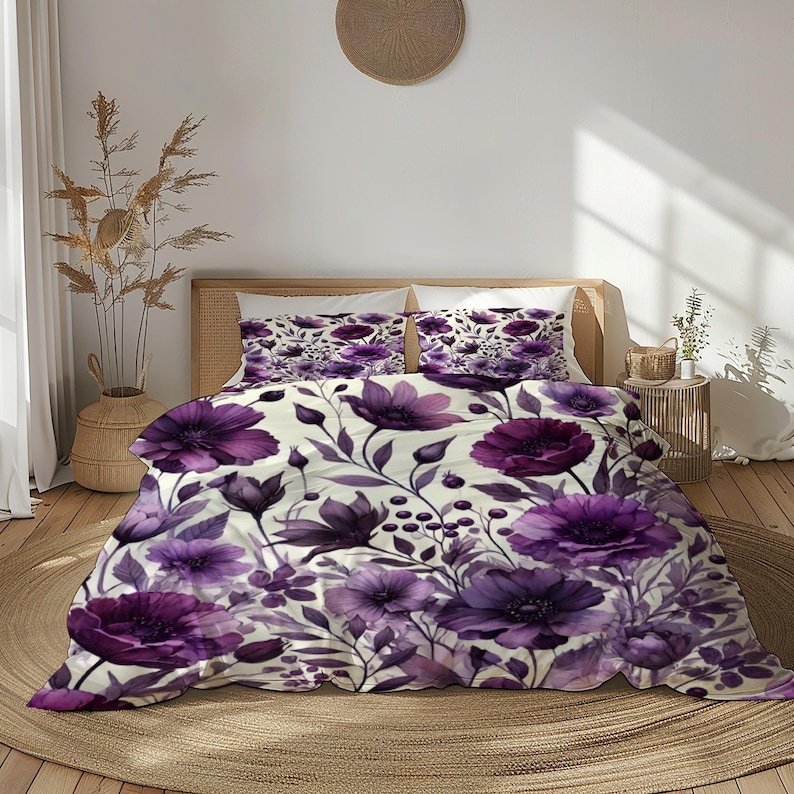 Purple Floral Bedding Set, Luxury Duvet Cover with Pillowcases, Elegant White and Violet Bedroom image 4