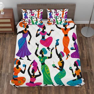 African Women Silhouette Quilt Bedding Set – Vibrant Cultural Art Blanket with 2 Pillowcases, Diamond Quilted Pattern