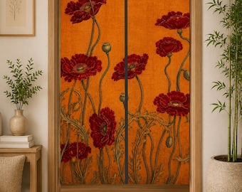 Cortina Noren de amapolas vintage, cortina floral naranja para puerta, decoración botánica Art Nouveau, separador de ambientes de amapolas rojas, tapiz floral retro para pared