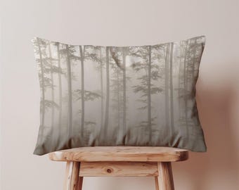 Forest Print Lumbar Pillow Cover – Rectangle Throw Case in Misty Tree Design – Double Sided Rustic Nature Pillow Cover