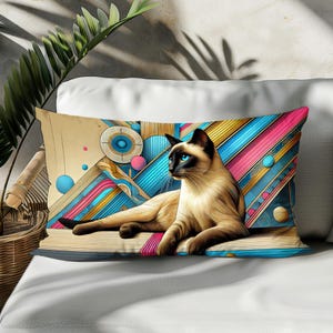 Funda de almohada lumbar con diseño de gato siamés: funda de cojín decorativa de lino y algodón artístico, impresión de doble cara para la decoración del hogar de los amantes de los gatos