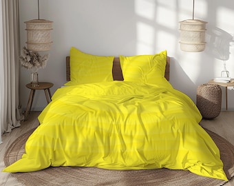 Solid Yellow Bedding Set in Lemon Mustard and Golden Shades, Bright Modern Duvet Cover with Pillowcases for Colorful Cozy Bedroom