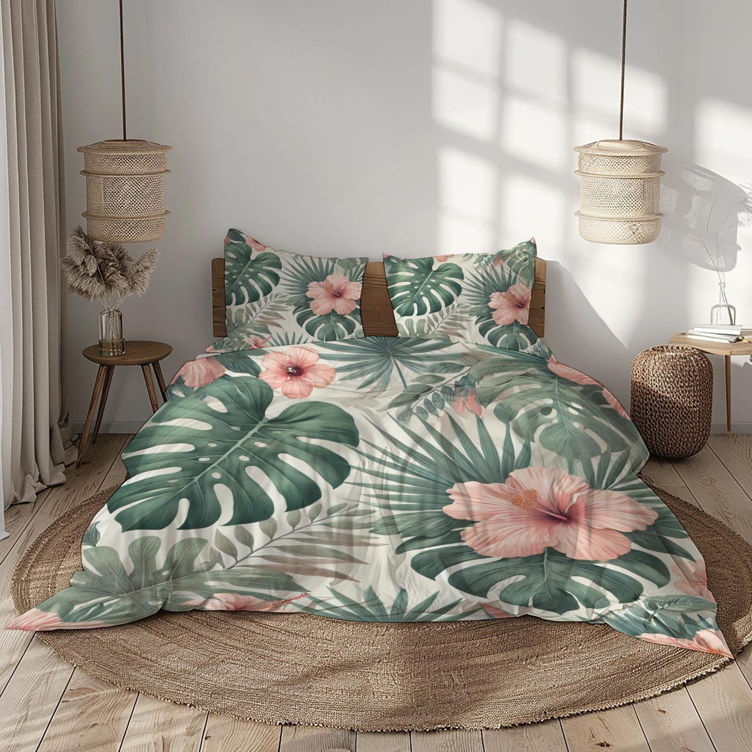 Tropical Floral Bedding Set, Green Pink White Duvet Cover, Monstera ...