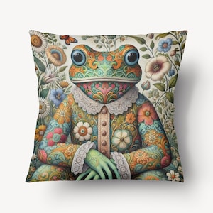 Whimsical Frog Floral Art Throw Pillow Cover | Cotton Linen Pillowcase | Unique Animal-Themed Decorative Cushion Cover for Home Decor