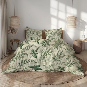 Herb Garden Bedding Set – Sage, Cream, Forest & Olive Green – Botanical Duvet Cover + Pillowcases
