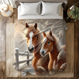 Horse Flannel Fleece Blanket – Winter Farm Scene Throw, Cozy Equestrian Bedding, Rustic Country Home Decor, Horse Lover Gift, Multi-Size