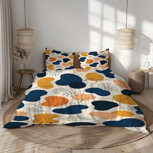Modern Abstract Bedding Set – Duvet Cover & Pillowcases – Navy, Mustard, Burnt Orange, Beige – Soft Microfiber, No Filling