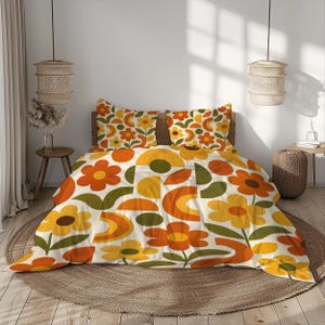 Retro Floral Bedding Set with Orange Yellow Olive and Cream Tones, 70s Style Duvet Cover and Pillowcase Set for Vintage Bedroom