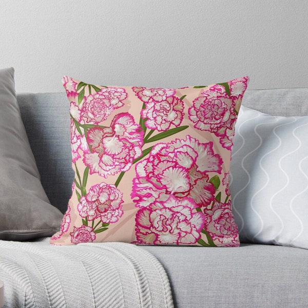 Hand-Drawn Pink Carnation Floral Pillow Case - Dianthus Caryophyllus Cushion Cover, Elegant Home Decor Accent