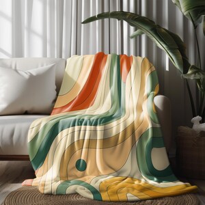 Retro Abstract Throw Blanket - Mid-Century Modern Design Lightweight Soft Fleece Blanket - Colorful Boho Vintage Style - Green, Orange,Beige image 6