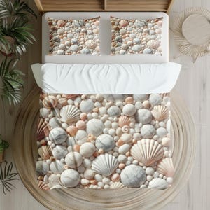 Seashell Bedding Set with Duvet Cover & Pillowcases, Beige Coral Grey White Tones, Coastal Bedding, Beach House Decor