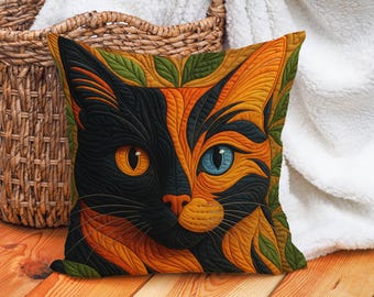 Könnte beinhalten: Quadratisches Zierkissen mit einem stilisierten Katzengesicht. Das Gesicht der Katze ist geteilt, eine Seite schwarz und die andere orange, mit einem blauen und einem orangefarbenen Auge. Das Kissen ist von grünen Blättern umrandet und liegt auf einer Holzoberfläche.