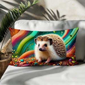 Funda de almohada lumbar de erizo: funda de cojín de lino y algodón vibrante, impresión de doble cara para amantes de los animales, decoración divertida y duradera para el hogar