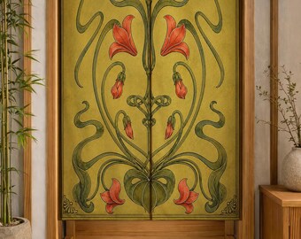 May include: A rectangular fabric door curtain featuring a mustard yellow background with a symmetrical botanical illustration of red lily flowers and dark green flowing stems and leaves, framed by decorative corner accents in a vertical orientation.