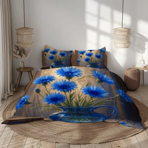 Blue Cornflower Bedding Set with Duvet Cover and Pillowcases – Elegant Beige, Navy, Green and Royal Blue Floral Design for Bedroom Decor