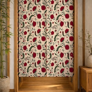 Indian Floral Noren Curtain, Red Botanical Doorway Curtain, Block Print Style Room Divider, Cottagecore Boho Curtain, Vintage Floral Home