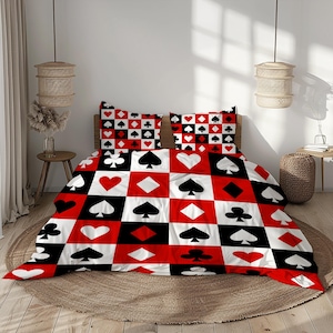 Parure de lit Symboles de cartes à jouer - Rouge, noir, blanc et anthracite - Housse de couette en microfibre + taies d'oreiller - Plusieurs tailles