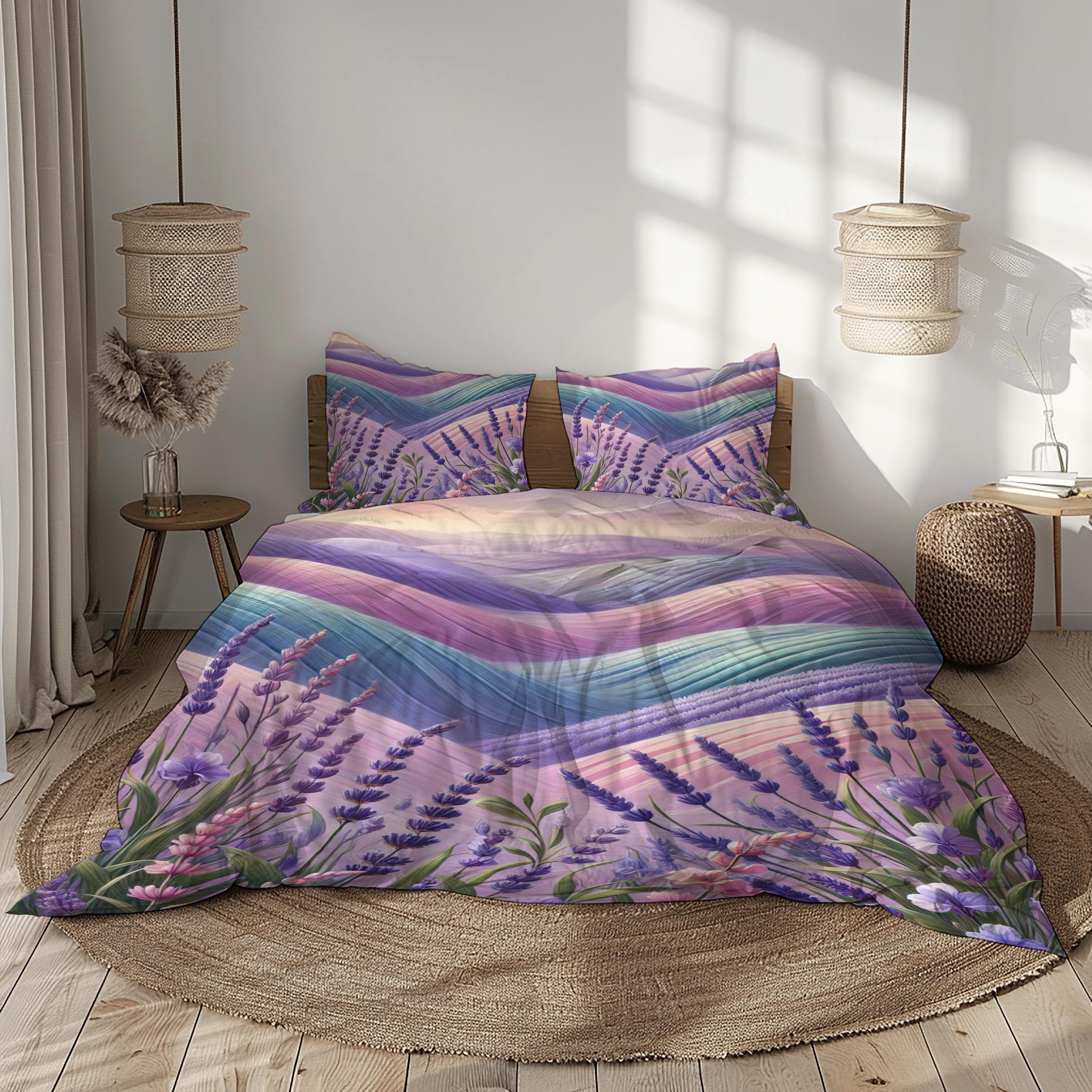 Lavender Field Bedding Set, Purple Blue Pink Duvet Cover,  Floral Bed Set, Scenic Nature Bedroom Decor, No Comforter