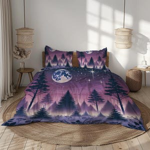 May include: Bedding set with a forest and night sky design. The duvet cover and pillowcases feature a full moon, stars, and silhouetted trees in shades of purple and dark blue. The set is designed to fit a double or king-size bed.