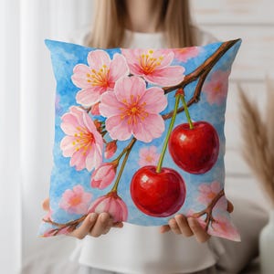 Funda de almohada con estampado de flores de cerezo, cojín decorativo floral de cerezas, cojín botánico de primavera, decoración de frutas estilo cottagecore