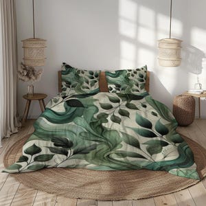 Elegante beddengoedset met groene bladeren - op de natuur geïnspireerd ontwerp in tinten smaragd, munt en crème - Dekbedovertrek met kussenslopen
