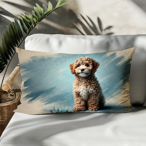 Cavapoo Puppy Lumbar Pillow Cover, Double-Sided Cotton Linen Case, Adorable Curly Dog Print Decorative Rectangle Pillowcase for Sofa or Bed
