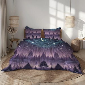 May include: Purple and blue duvet cover with a forest and starry night sky design. The duvet cover features a crescent moon and stars.