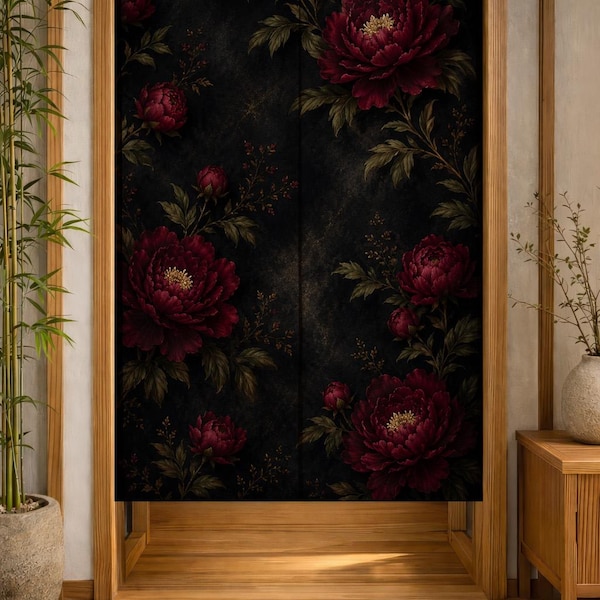 Dark Peony Noren Curtain, Moody Floral Doorway Curtain, Vintage Botanical Japanese Room Divider, Gothic Cottagecore Home Decor