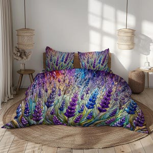 Lavender Fields Bedding Set with Soft Purple, Vibrant Blue, and Green Tones -  Duvet Cover & Pillowcases for Cozy Decor