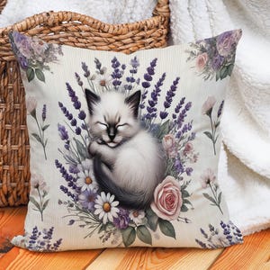 Funda de almohada con diseño de gato, funda de almohada con diseño floral, cojín decorativo de lino y algodón, cojín de mascota de doble cara, funda de almohada acogedora con diseño de animal.