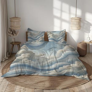 Set di biancheria da letto con copripiumino e federe, toni del blu cielo, bianco e beige, biancheria da letto con stampa a nuvole