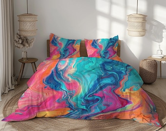 Set di biancheria da letto in marmo colorato, copripiumino astratto rosa, blu e turchese, arredamento moderno e artistico per camera da letto matrimoniale/king size.