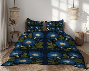 Set di biancheria da letto floreale blu: elegante copripiumino botanico con federe, copriletto romantico di ispirazione vintage