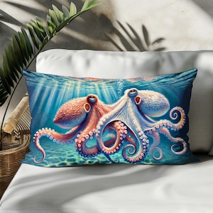 Stunning Lumbar Pillow Cover - Cotton Linen, Double-Sided Print, Graceful Octopus Design, Decorative Pillowcase for Ocean or Nautical Decor