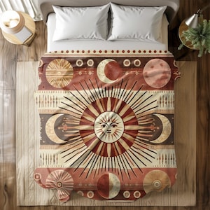 Boho Sun and Moon Fleece Blanket – Soft & Cozy Throw with Celestial Design – Bohemian Home Décor – Multiple Sizes Available