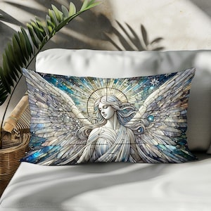 May include: A decorative cushion featuring a stained glass style image of an angel with wings. The angel is depicted with a halo and is surrounded by a blue and white stained glass pattern.