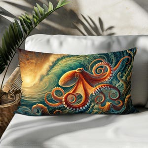 Octopus Lumbar Pillow Cover, Ocean Creature Pillow Case, Marine Life Rectangle Pillow Cover, Cotton Linen, Double-Sided Print Decor