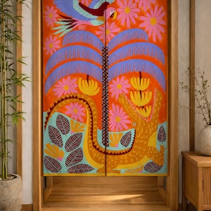 Bunter tropischer Noren Vorhang, Folk Art Dschungel Türvorhang, exotischer Vogel und Krokodil Raumteiler, Maximalist Boho Decor