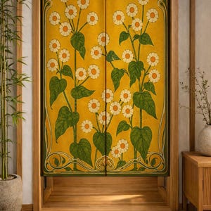 Könnte beinhalten: Ein rechteckiger Türvorhang aus Stoff mit einem leuchtend senfgelben Hintergrund und einem sich wiederholenden Muster aus weißen gänseblümchenartigen Blüten und grünen Blättern. Das Design ist von einem dunkelgrünen Rand mit Verzierungen umrahmt.