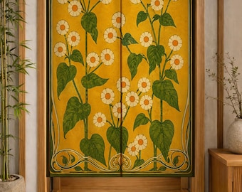 May include: A rectangular fabric door curtain featuring a vibrant mustard yellow background with a repeating pattern of white daisy-like flowers and green leaves. The design is framed by a dark green border with decorative scrollwork at the corners.