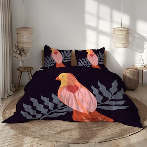 Set copripiumino con uccelli viola scuro, arancione e rosa, biancheria da letto con animali astratti, copripiumino artistico nero e grigio, arredamento moderno per la camera da letto.
