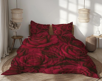 Elegante set di biancheria da letto con rose rosso scuro, copripiumino floreale color cremisi intenso e nero con federe