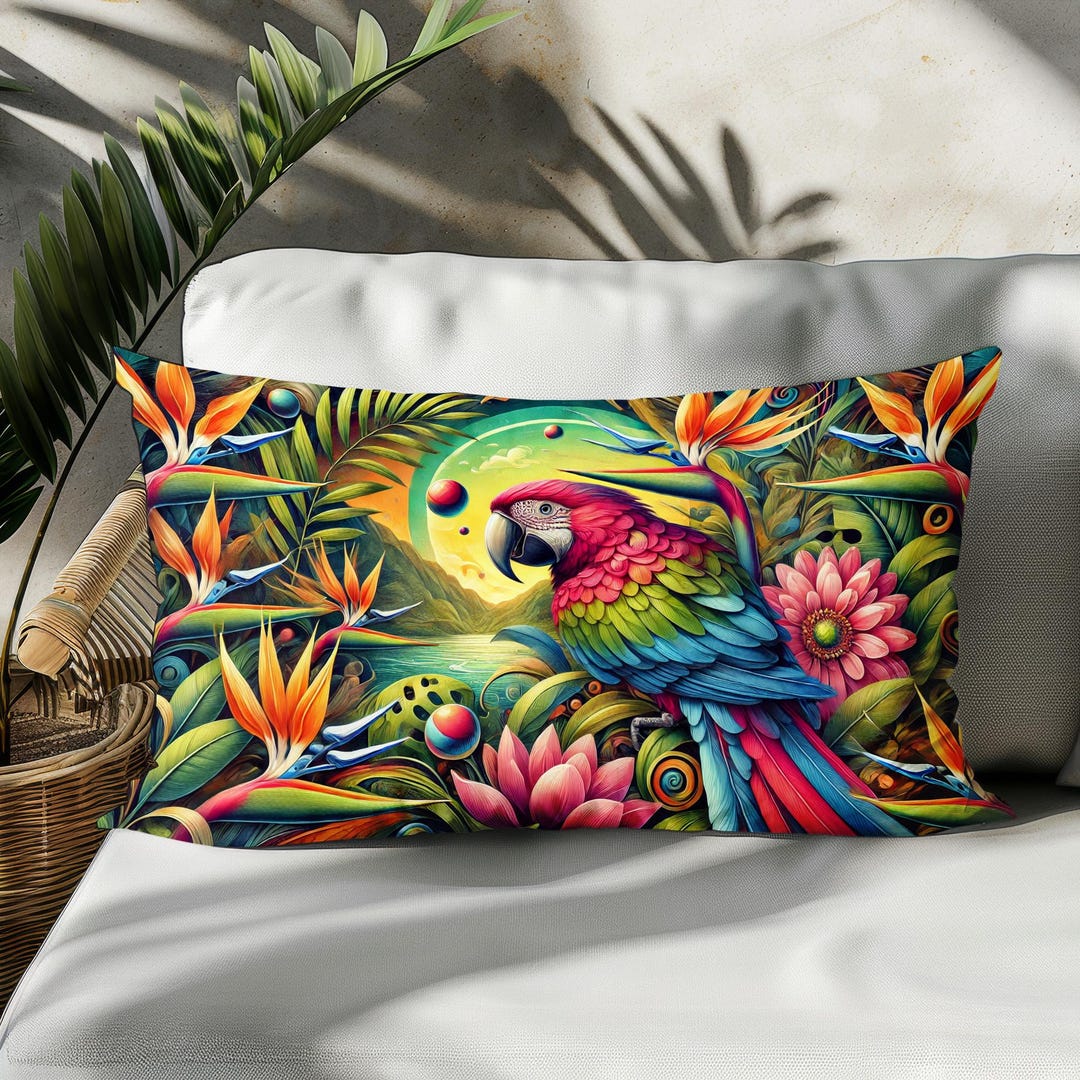 Tropical Parrot Lumbar Pillow Cover, Colorful Jungle Design, Rectangle ...
